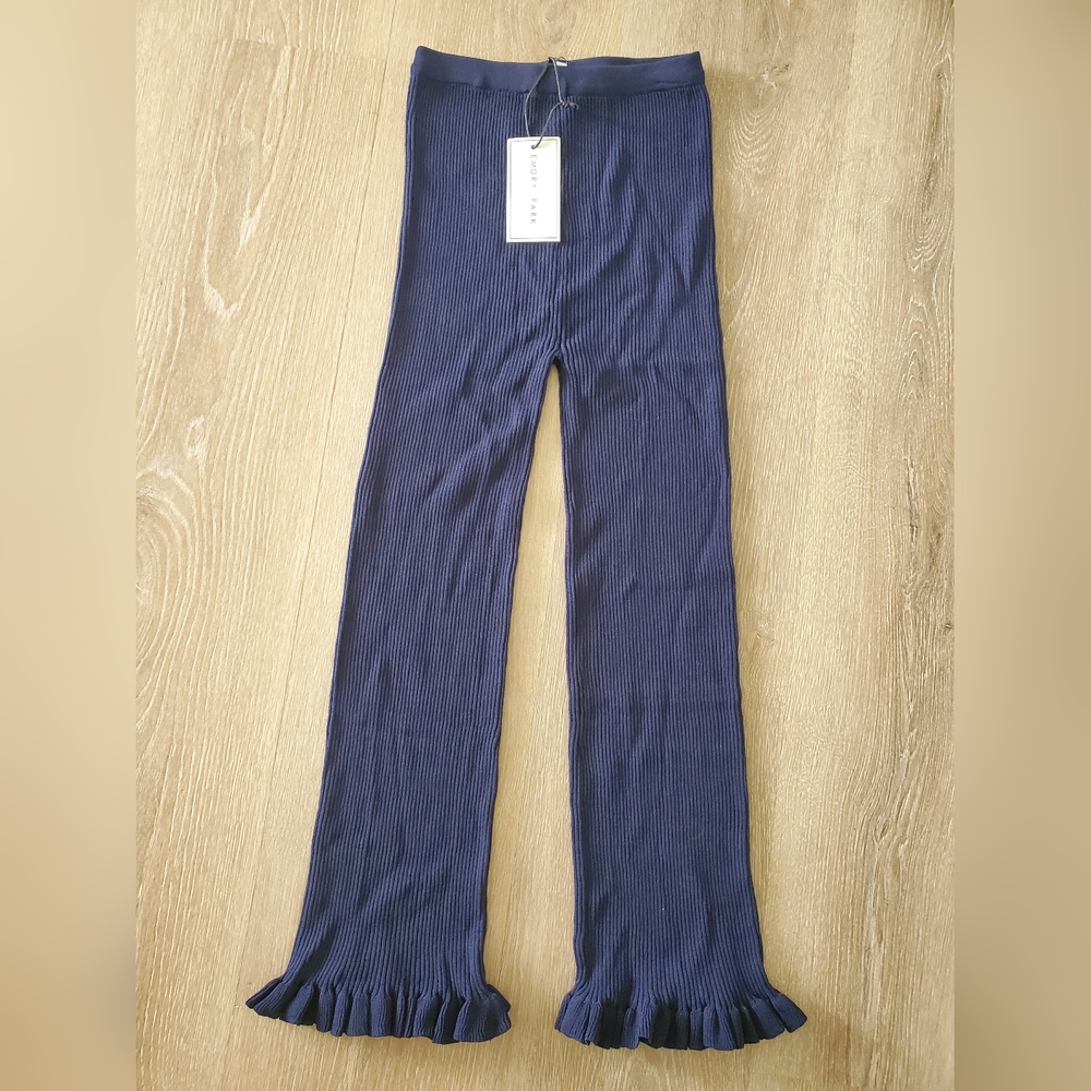 Emory Park Striped Navy Blue Pull On Ruffle hem Pants size Small